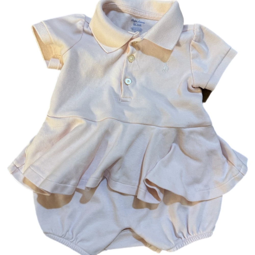 Ralph Lauren Pale Pink Polo Peplum Baby Romper 9 month